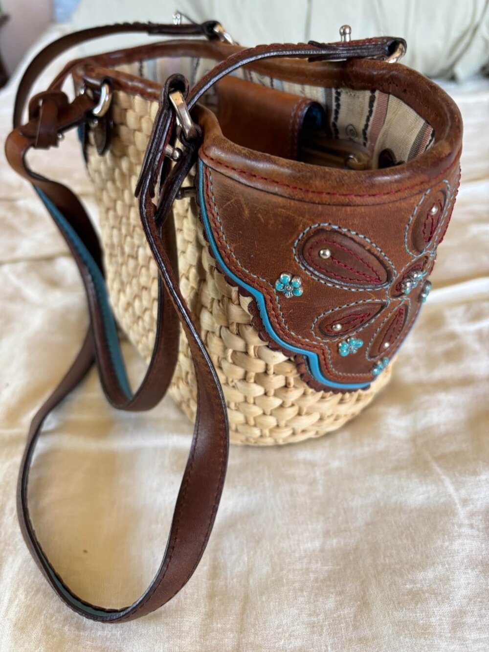 Vintage Small Brighton Straw and Leather Bag